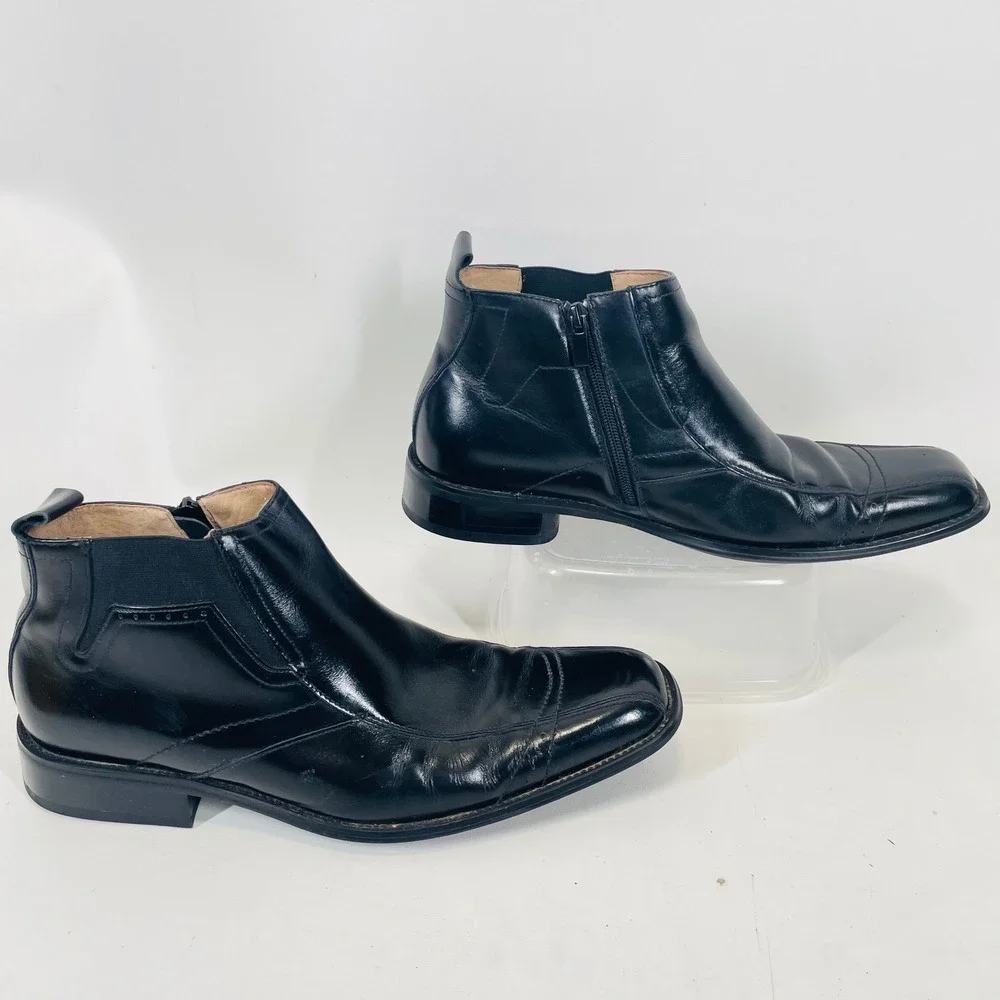 Stacy Adams Mens Black Leather Square Toe Side Zip Ankle Boots 24695-001 9.5M
